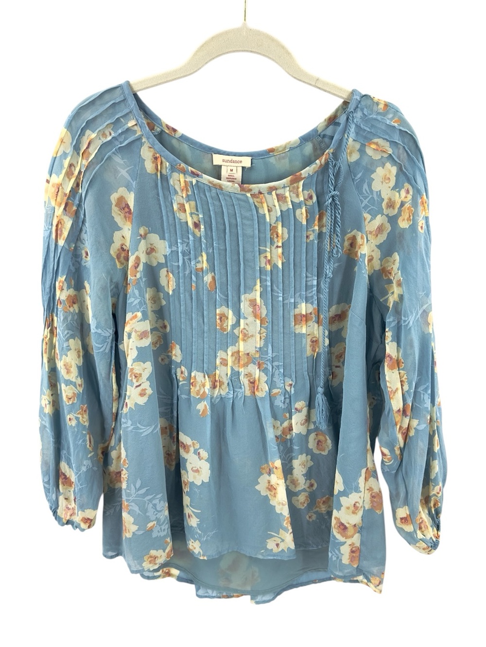 Sundance Silk Floral Top Womens Size Medium Pleated Sheer Sleeve Fairy Boho